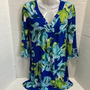 Jean-Pierre Klifa Paris Floral A-line Mini Dress V-neck Blue Medium Made in USA